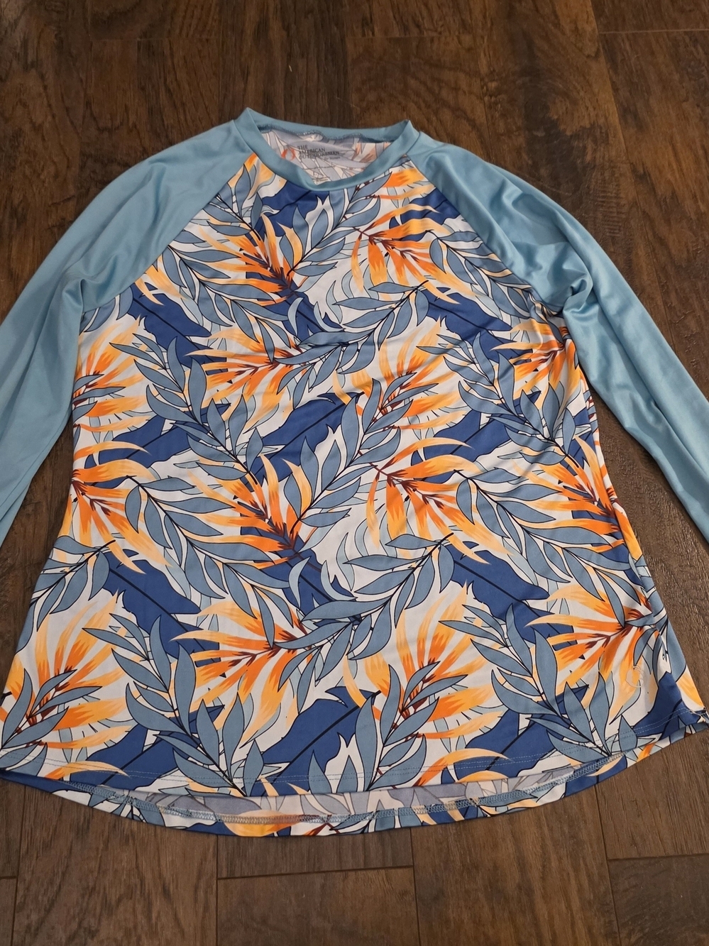 Long Sleeve Women’s Rashguard in Blue & Orange Leaf Print